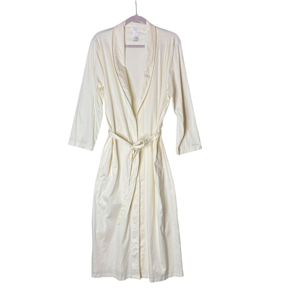 Hanro Robe Women L Cream 100% Cotton Long Luxury Pockets Lightweight EXCELLENT